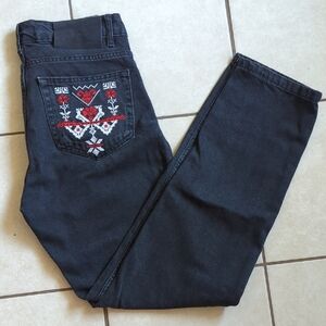 Palestinian Embroidered Black Jeans with Red and White Design